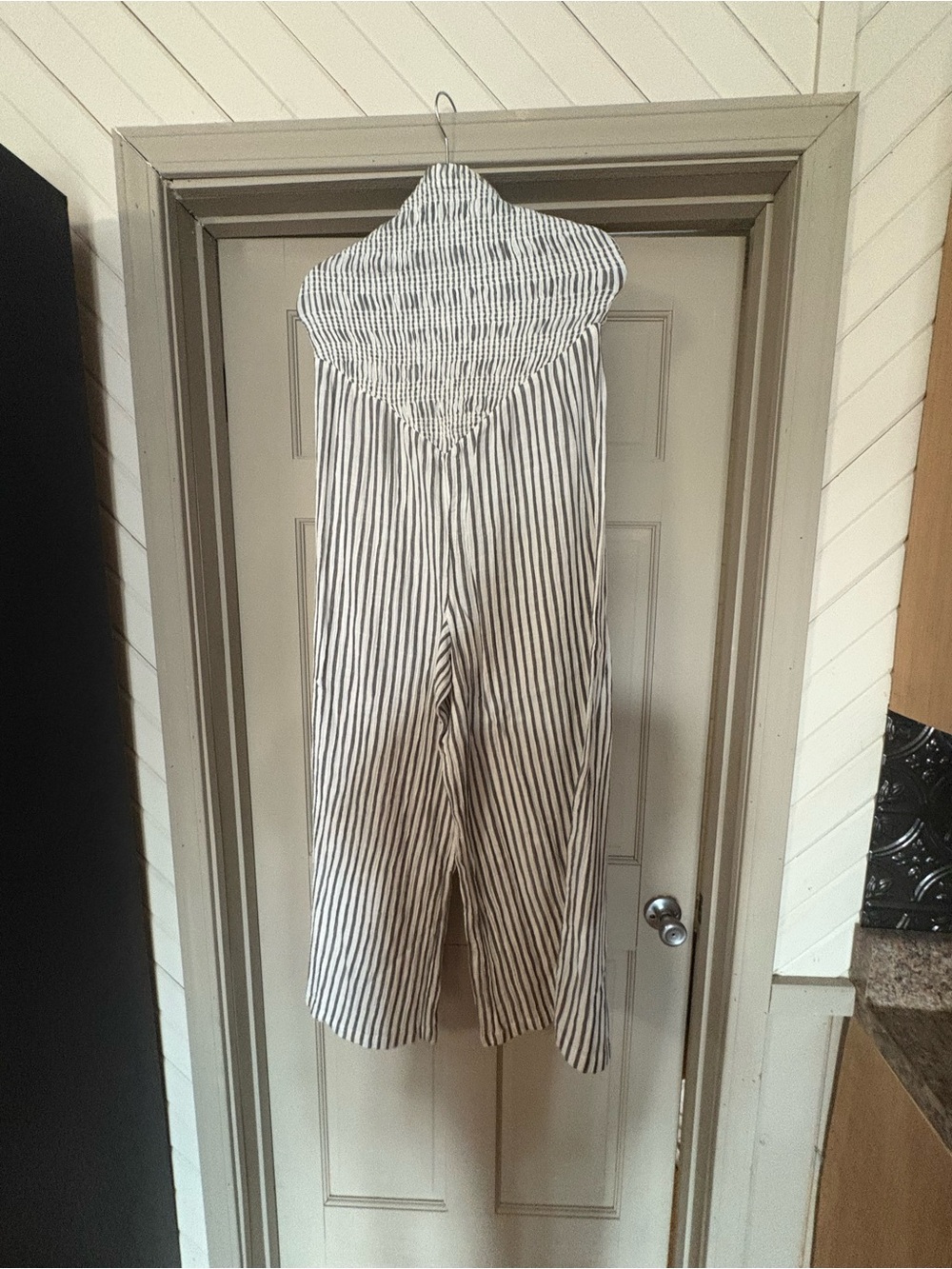 American Eagle Outfitters Black and White Vertical-Stripe Strapless Jumpsuit